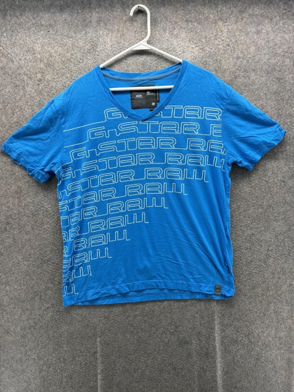 G-Star Raw Shirt Mens XL Blue V-Neck Logo Graphic Tee Allover Print Soft Cotton